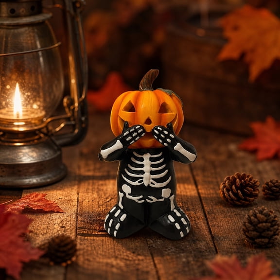 See No Hear No Speak No Evil Skeleton Pumpkin Figurines, Halloween Resin Statues, Tabletop Decor for Fall Thanksgiving, Home Party, Mantel Shelf Spooky Accent, C