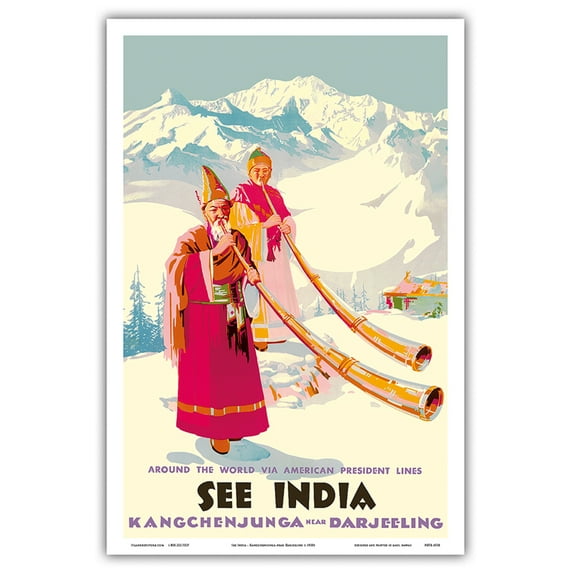 See India - Kangchenjunga near Darjeeling - Tibetan Longhorns - See the World via American President Lines - Vintage Travel Poster c.1930s - Master Art Print (Unframed) 12in x 18in