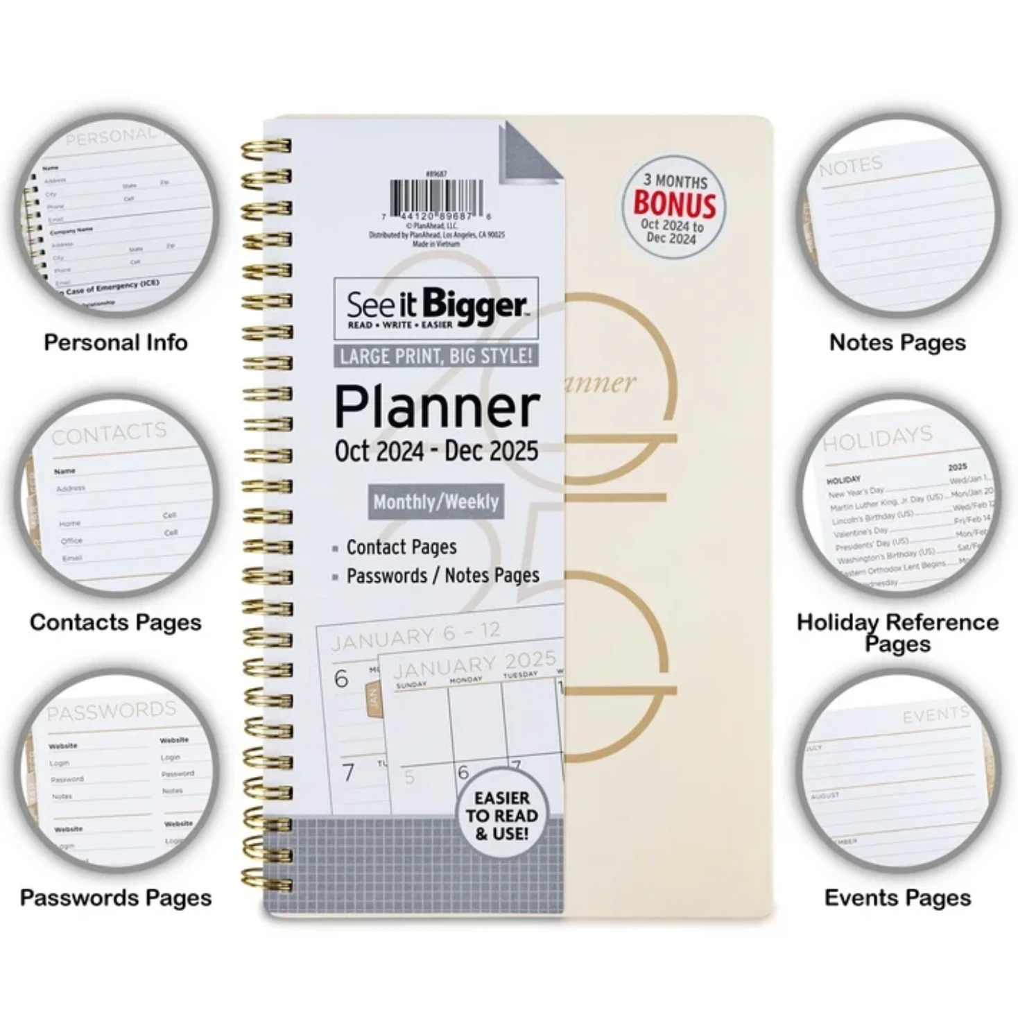 See It Bigger 2025 Monthly Weekly Planner Large Print New 8.75" X 5.75"
