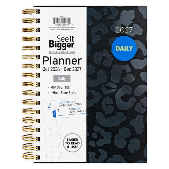 See It Bigger Medium Daily Planner, Black Leopard, 15 Months: Oct 2026- Dec 2027