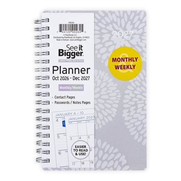 See It Bigger Monthly Weekly Planner (4.25" x 6.5") Gray, 15-Month: October 2026 - December 2027
