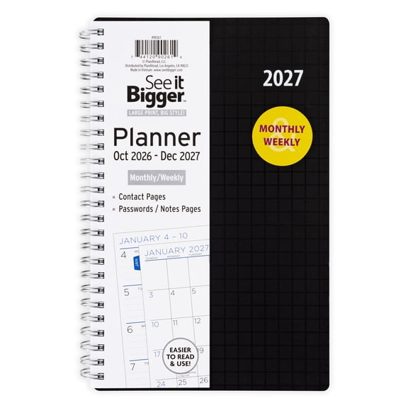 See It Bigger Monthly Weekly Planner (5.5" x 8.75") Black, 15-Month: October 2026 - December 2027