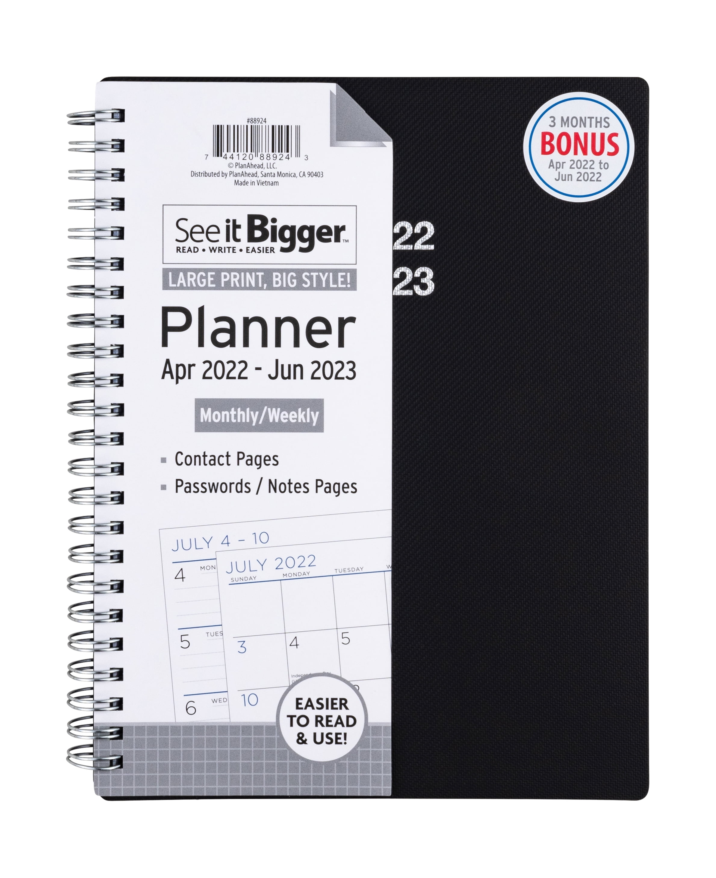 See It Bigger Monthly/Weekly Planner, April 2022-June 2023, 8.25" x 6.5", Black