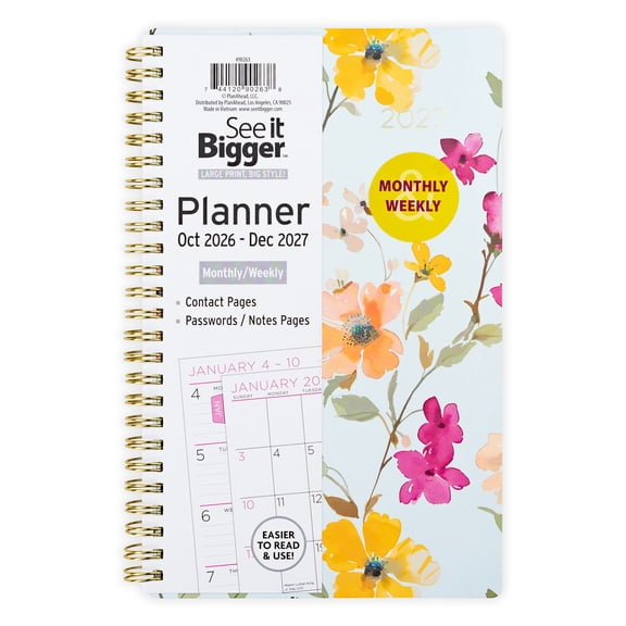 See It Bigger Monthly Weekly Planner, Medium (5.5" x 8.75"), Floral, 15-Month: October 2026 - December 2027