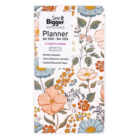 See It Bigger Pocket Planner (3.75" x 6.75"), Floral, 2YR Monthly: Apr 2026 - Mar 2028