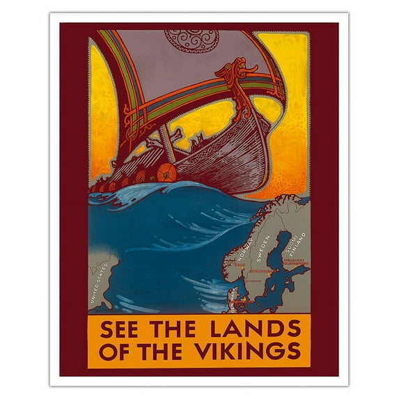 See the Land of the Vikings - Map of Scandinavia - Viking Ship - Vintage Travel Poster by Ben Blessum c.1937 - Fine Art Matte Paper Print (Unframed) 16x20in
