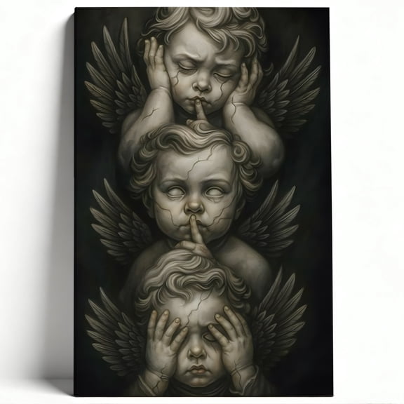 See No Evil Hear No Evil Speak No Evil Angel Wall Art, Three Cherub Statues Gothic Print for Bedroom or Living Room 16*24 inch