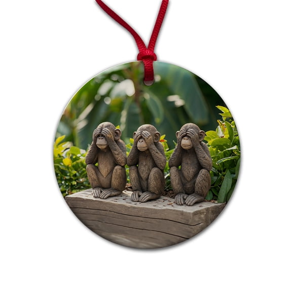 See No Evil Monkeys Funny Christmas Tree Holiday Round Ceramic Ornament