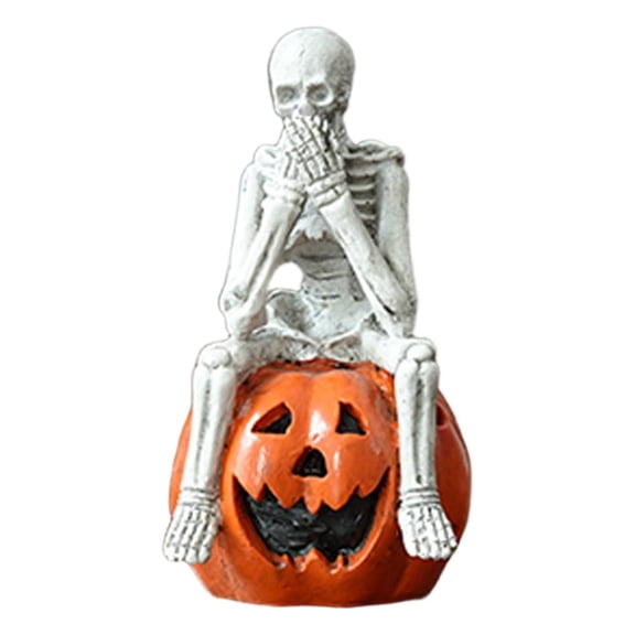 See No Evil Skeleton and Pumpkin Resin Figurine – Halloween Decor with Classic Three Monkeys Motif for Home and Shelf Display