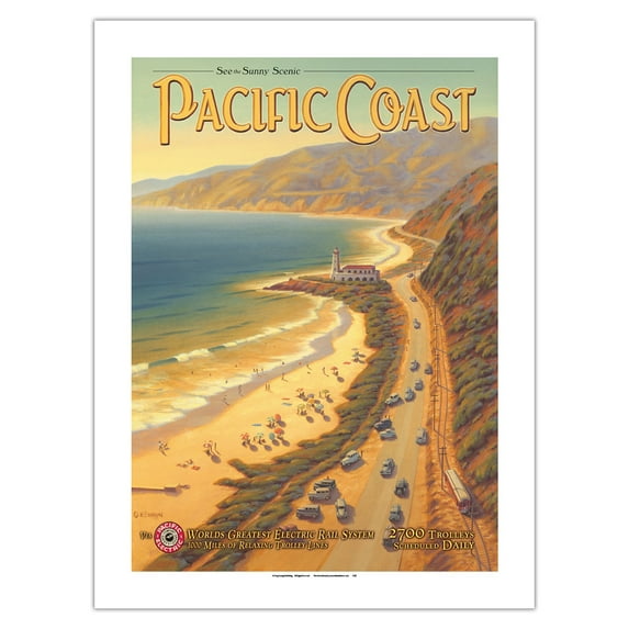 See the Sunny Scenic Pacific Coast California - Pacific Electric (Red Car) - Vintage Railroad Travel Poster by Kerne Erickson - Fine Art Matte Paper Print (Unframed) 18x24in