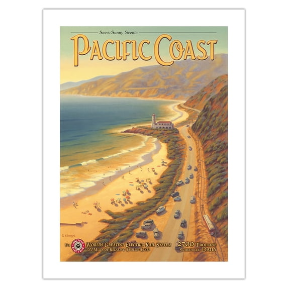 See the Sunny Scenic Pacific Coast California - Pacific Electric (Red Car) - Vintage Railroad Travel Poster by Kerne Erickson - Bamboo Fine Art 290gsm Paper (Unframed) 12x16in