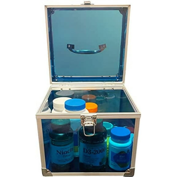 See-Through Blue Acrylic and Metal Storage Box Container with Latch and Handle, Measures 7.5" x 7.1" x 7.25", Holds Playing Cards, Jewelry, Toiletries, and More