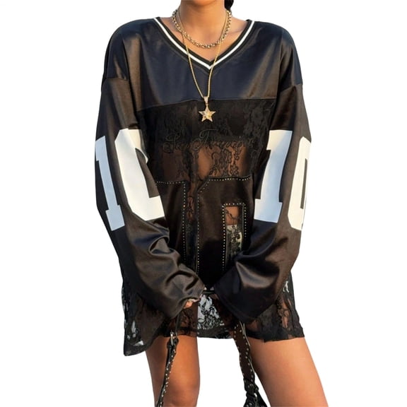 See Through Jersey for Women V Neck Long Sleeve See Through Jersey Sports Number Tops Streetwear for Sports feasible