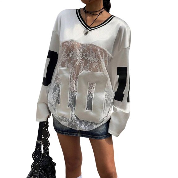 See Through Jersey for Women V Neck Long Sleeve See Through Jersey Sports Number Tops Streetwear for Sports imaginative