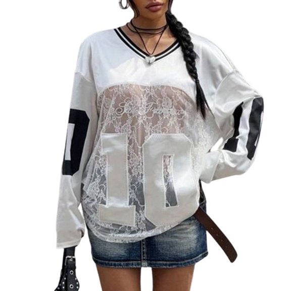 See Through Jersey for Women V Neck Long Sleeve See Through Jersey Sports Number Tops Streetwear for Sports ordinary