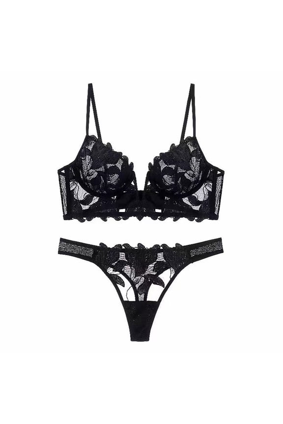 See Through Lace Bras for Women Underwire Embroidered Mesh Sheer Lingerie Full Coverage Push Up Panty Bra,Black 1,XL