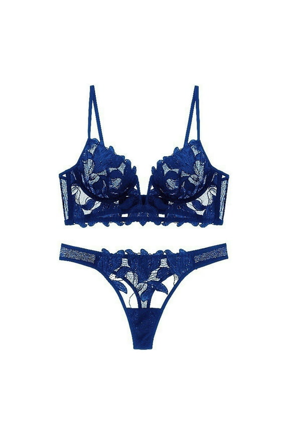 See Through Lace Bras for Women Underwire Embroidered Mesh Sheer Lingerie Full Coverage Push Up Panty Bra,Blue 1,XL