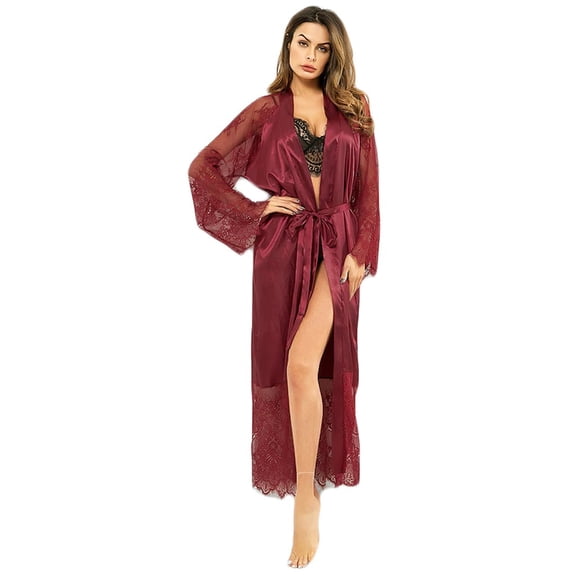 See Through Lingerie For Women Silk Satin Kimono Robe Bathrobe Belt Pajamas Bodysuit Red XXL