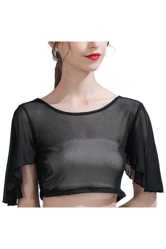 See Through Mesh Crop Top Ruffle Flared Half Sleeve T-Shirt Crewneck Fitted Coverup Transparent Plain Blouse for Women