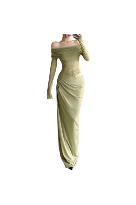 See Through Mesh Overlay Maxi Dress Long Sleeve Off Shoulder Ruched Wrap Hip Cutout Evening Party Robe Gown for Women