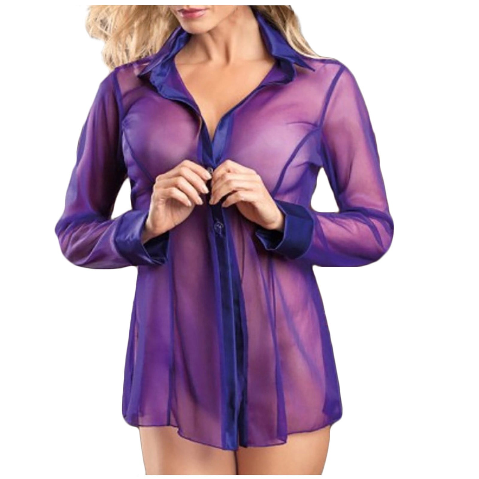 See Through Nightshirts for Women, Babydoll Lingerie Button Down Nightgown,  Women Sheer Mesh Sleep Robe Shirt 
