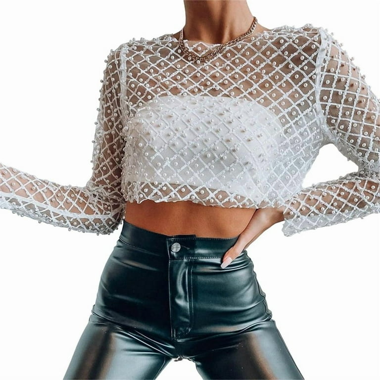 See Through Pearl Sheer Mesh Top Long Sleeve Beaded Crop Top