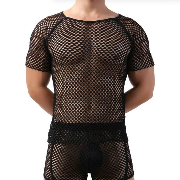 See-Through Plus Size Mesh Men's Shirts Transparent Fishing Net Hollow Tops