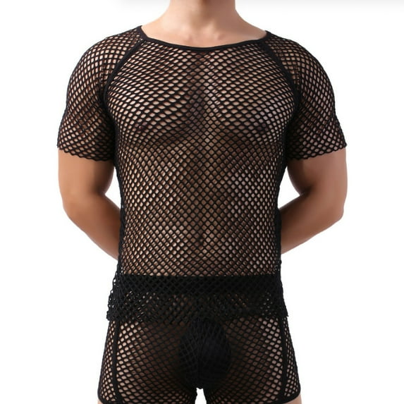 See-Through Plus Size Mesh Men's Shirts Transparent Fishing Net Hollow Tops