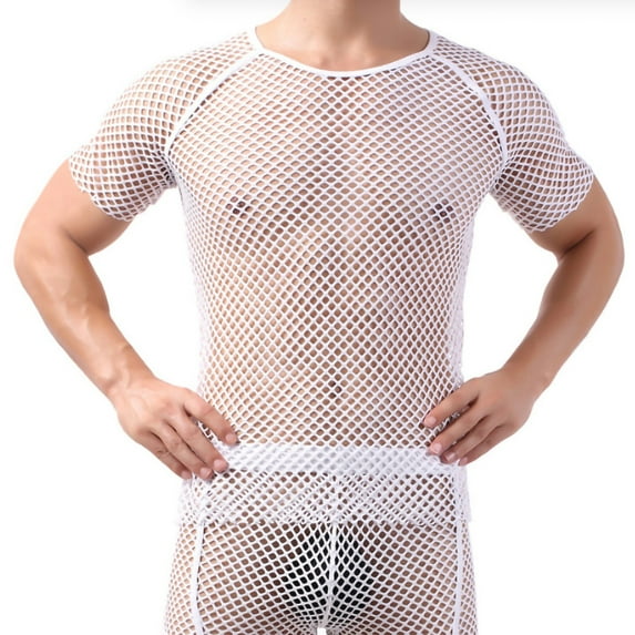 See-Through Plus Size Mesh Men's Shirts Transparent Fishing Net Hollow Tops