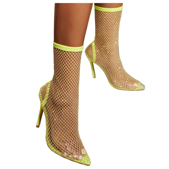 See Through Stiletto High Heels Dress Boots for Women Ladies Sexy Green Clear Fishnet Pointed Toe Mid Calf Short Booties