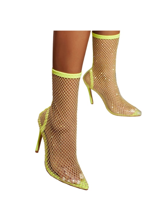 See Through Stiletto High Heels Dress Boots for Women Ladies Sexy Green Clear Fishnet Pointed Toe Mid Calf Short Booties