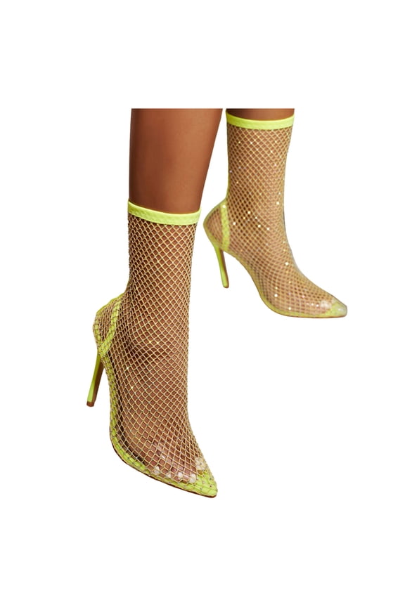 See Through Stiletto High Heels Dress Boots for Women Ladies Sexy Green Clear Fishnet Pointed Toe Mid Calf Short Booties