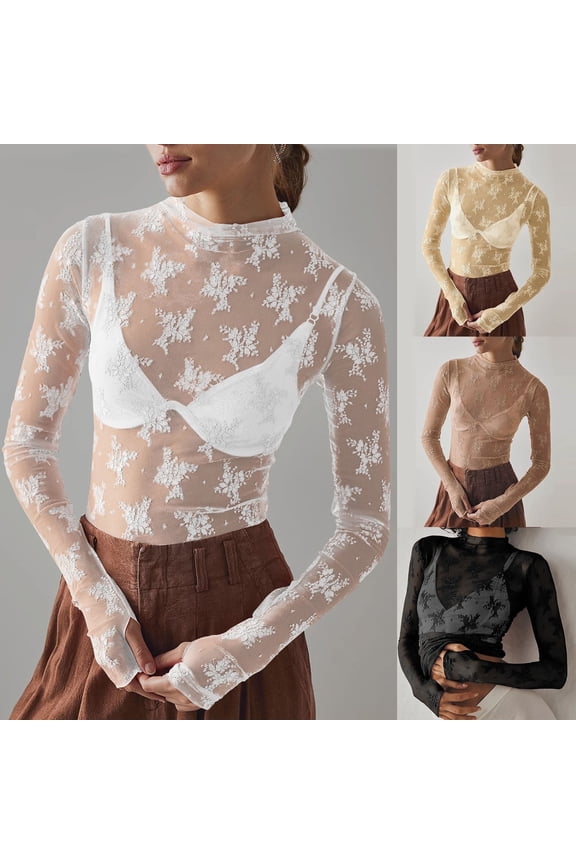See Through Tops for Women Neck Sexy Lace Floral Embroidery Undershirts Mesh Sheer Layering Tops Party Clubwear, Size L