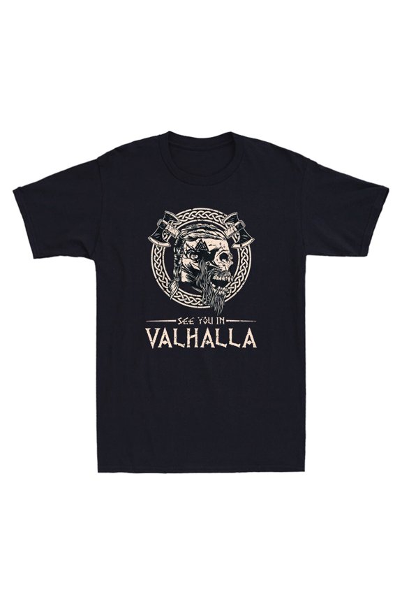 See You In Valhalla Viking Funny Skull with Axe Graphic Vintage Men's T-Shirt