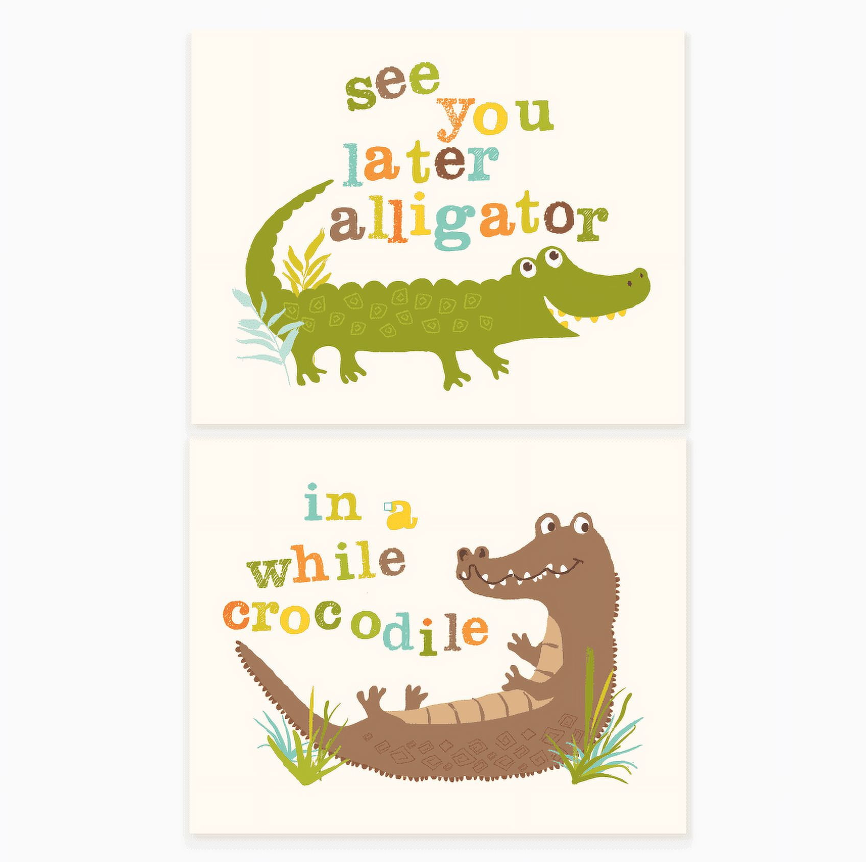 Playful Green and Brown Alligator and Crocodile Art Print Set