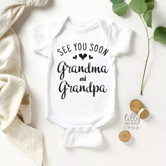 See You Soon Grandma And Grandpa Baby Bodysuit, Hello Grandma & Grandpa Cute Baby Onesie, Baby Bodysuit Lat 4424 Cute Baby Onesie, BABY BODYSUIT LAT 4424