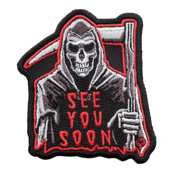 See You Soon Grim Reaper Patch, Red, Black, Gray, Fabric,  Manufactured by PatchStop