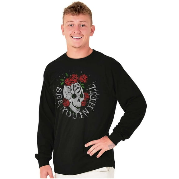 See You in Hell Skull Roses Tattoo Long Sleeve TShirt Men Women Brisco Brands M