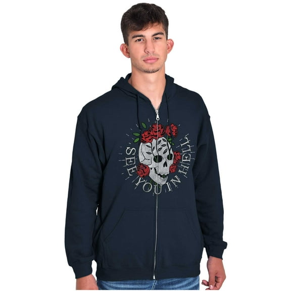 See You in Hell Skull Roses Tattoo Unisex Fleece Graphic Zip Up Hoodie Brisco Brands 2X