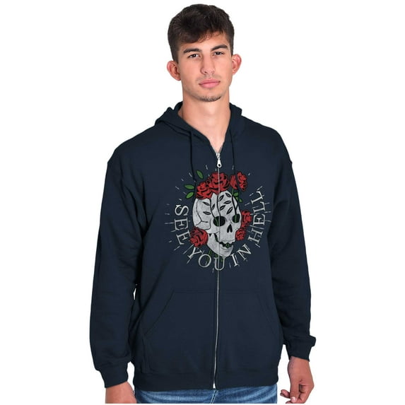 See You in Hell Skull Roses Tattoo Unisex Fleece Graphic Zip Up Hoodie Brisco Brands 2X