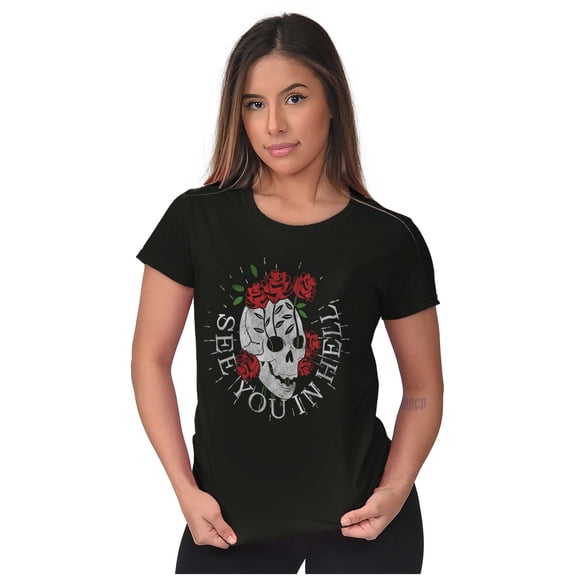 See You in Hell Skull Roses Tattoo Womens Slim Fit Graphic Tee Brisco Brands L