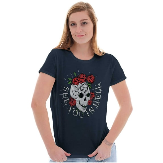 See You in Hell Skull Roses Tattoo Womens Slim Fit Graphic Tee Brisco Brands M