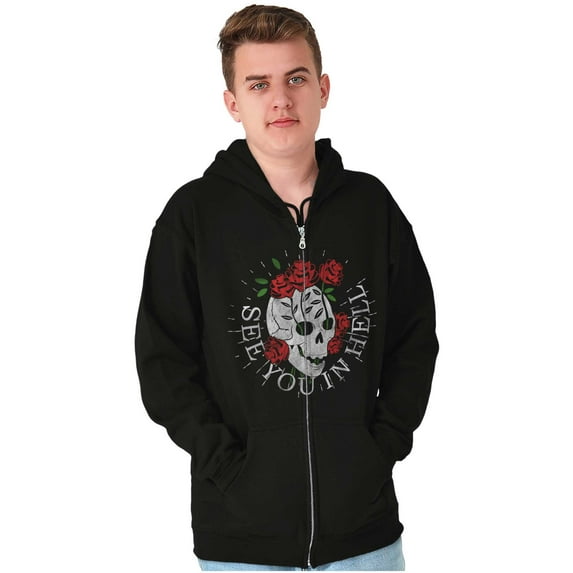 See You in Hell Skull Roses Tattoo Zip Up Hoodie Men's Women's Brisco Brands M