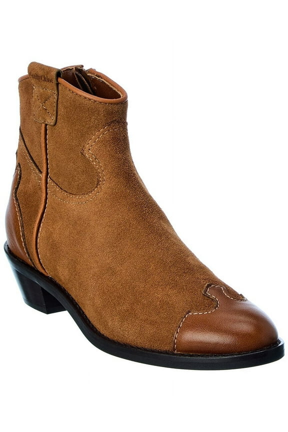 Suede & Leather Bootie, 37.5, Brown