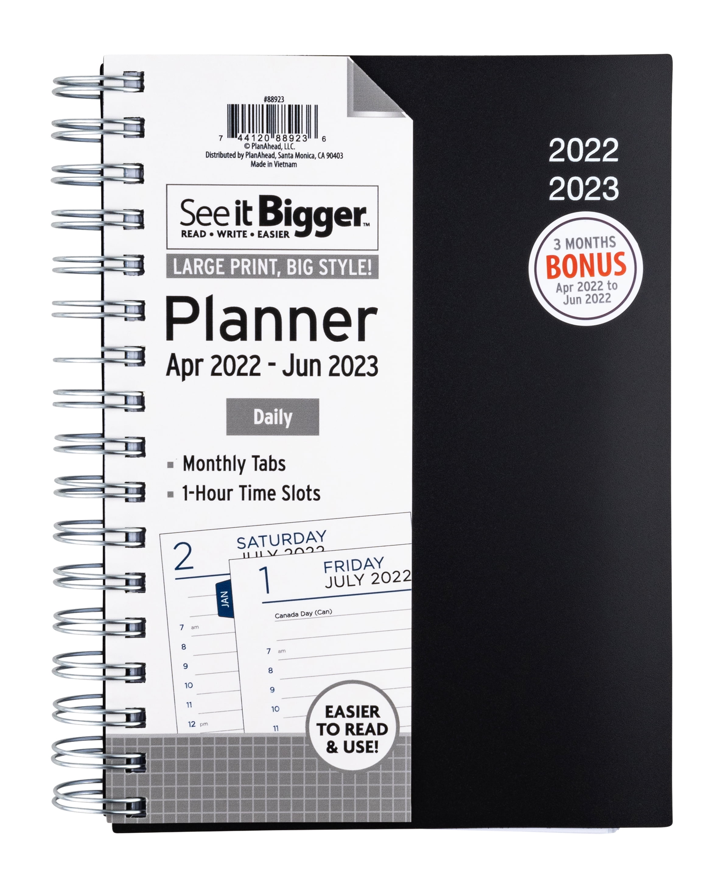 See it Bigger Daily Planner, April 2022-June 2023, 6.75" x 8.75", Black
