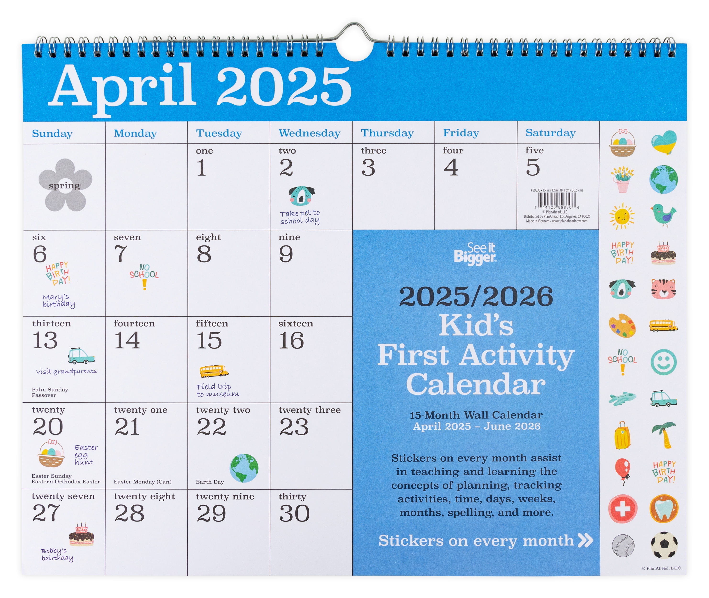 See it Bigger Monthly Kids Wall Calendar Medium (15 x 12) 15 month, Apr 2025-Jun 2026