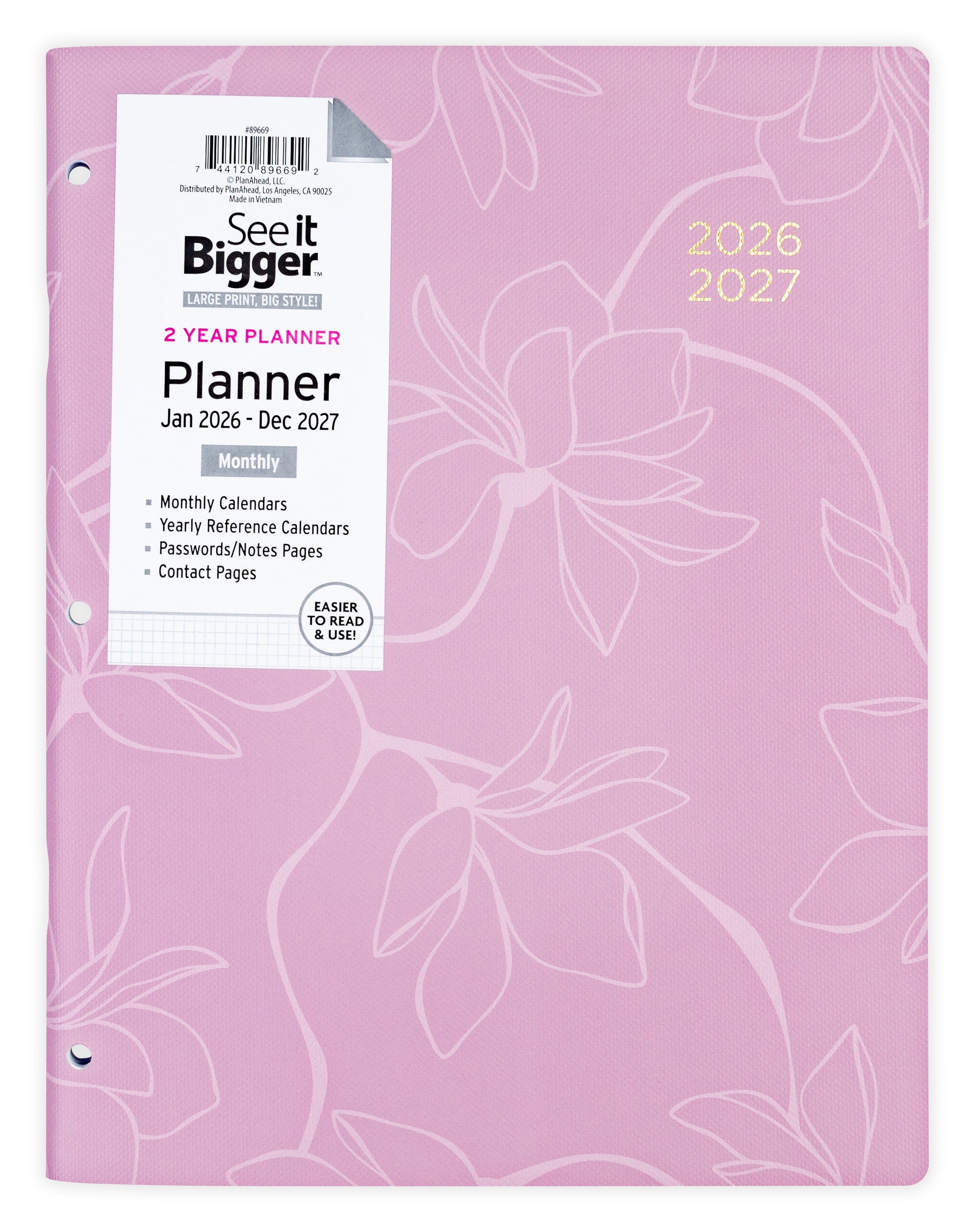 See it Bigger Monthly Planner Large (8.5 x 11) Rose Floral, 2-year, Jan 2026 - Dec 2027