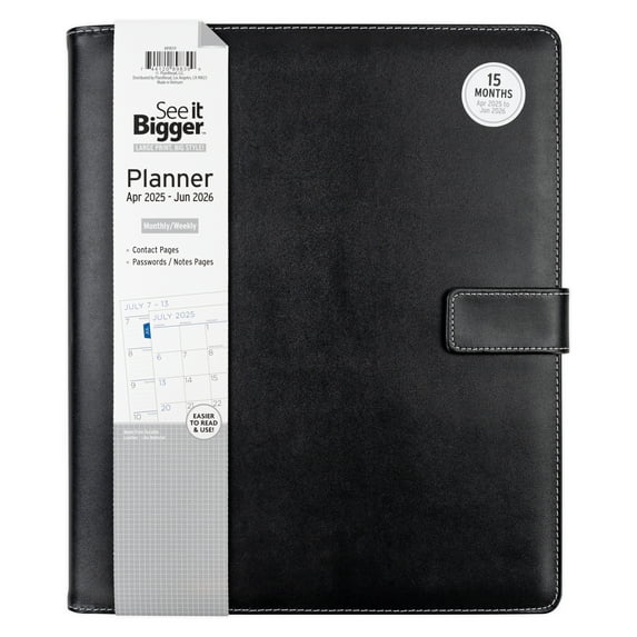 See it Bigger Monthly Weekly Padfolio Planner (10″ x 6″) Large Black, 15 month, Apr 2025-Jun 2026