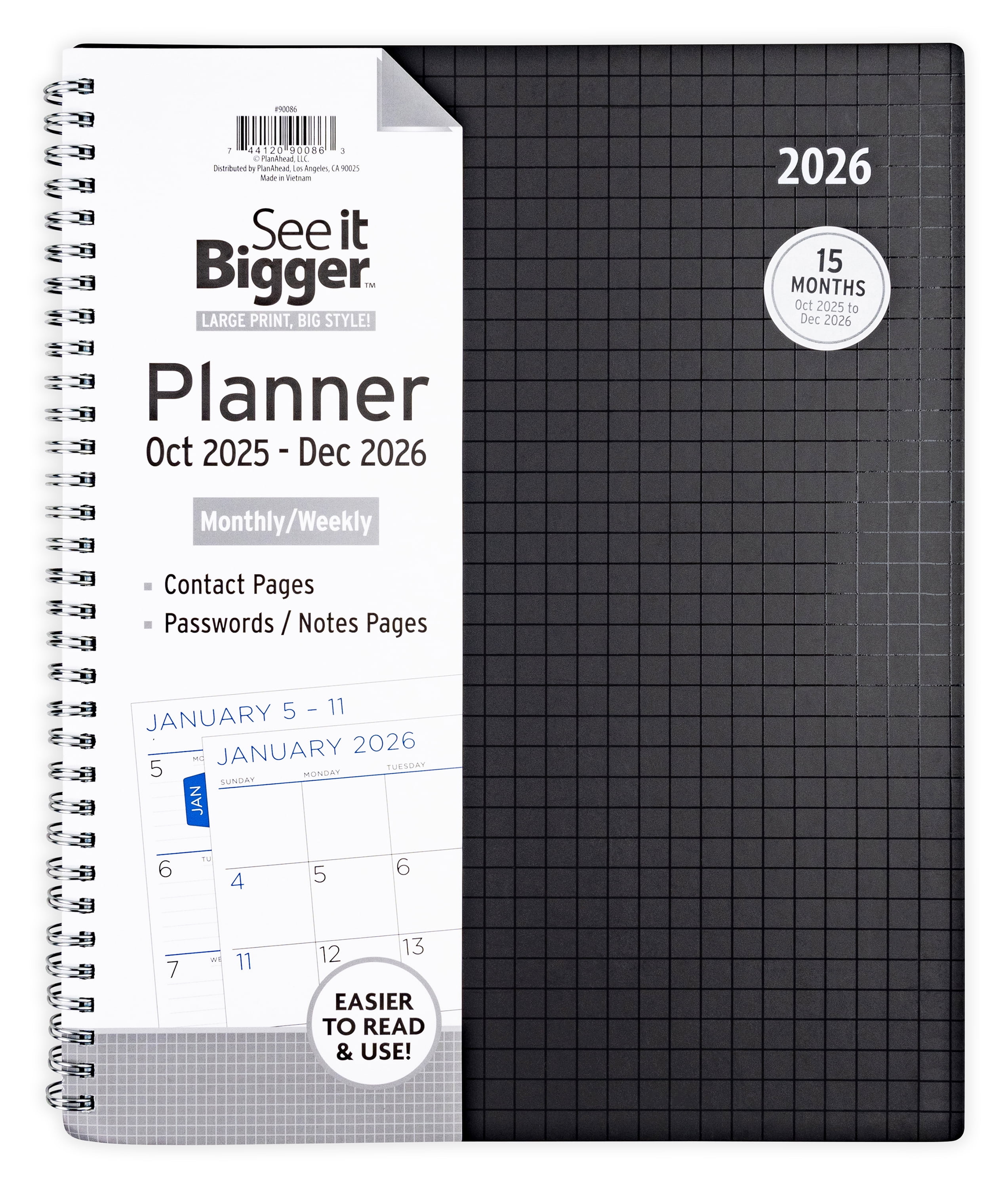 See it Bigger Monthly Weekly Planner Large (9" x 11") Black 15-Month, Oct 2025-Dec 2026