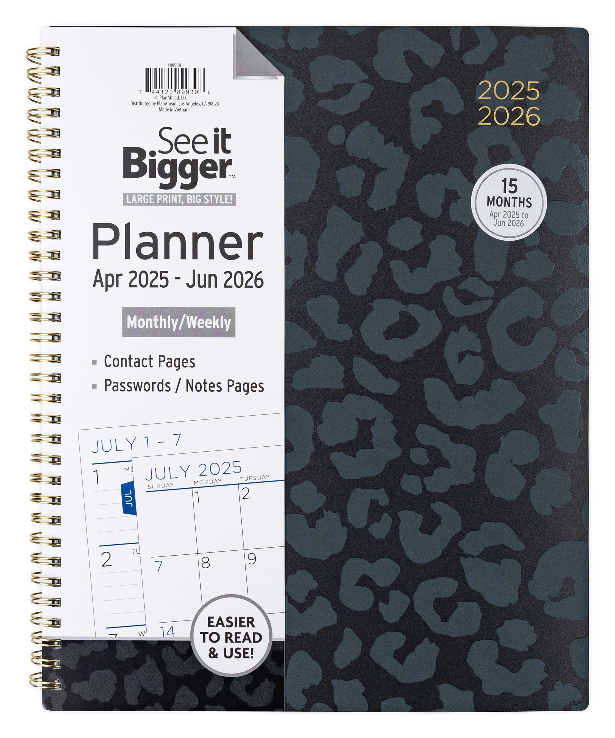 See it Bigger Monthly Weekly Planner Large (9.25 x 11) Black Leopard, 15 month, Apr 2025-Jun 2026